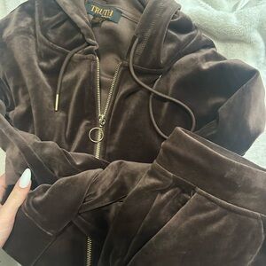 Truth Brown Velvet Hoodie Jacket with Gold Zipper